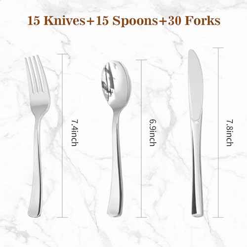 BESTVIP 60PCS Silver Plastic Silverware, Silver Disposable Utensils, Heavy Duty Cutlery Set of 30 Forks, 15 Spoons, 15 Knives for Party, Thanksgiving, Christmas, Wedding, Catering and Daily Use