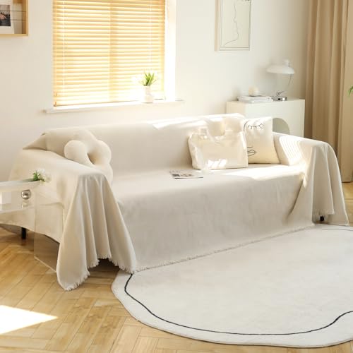 Oversized Couch Cover for 3 Cushion Sofa - Washable Beige Tassels Edge-150"