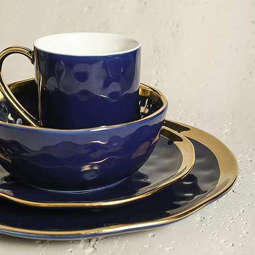 Stone Lain 16-Piece Porcelain Dinnerware Set for 4, Blue with Gold Rim, Dark Blue