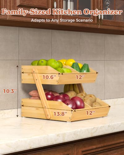 Sevenblue 2-Tier Bamboo Fruit Basket with Banana Holders - Natural, Space-Saving Kitchen Organizer