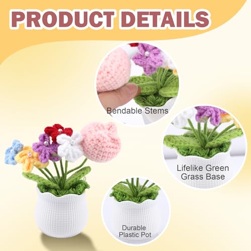 Crochet Pink Flower Pot Set - Handmade Knit Artificial Flowers for Home Office Decor