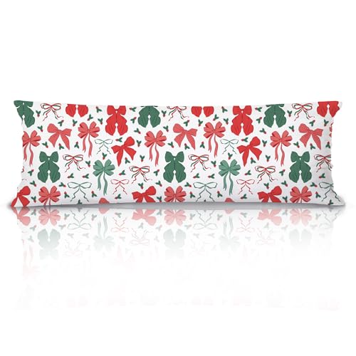 Red and Green Christmas Bows 20x54 Body Pillow Cover, Preppy Girly Christmas Room Decor, Vintage Xmas Coquette Bow Decorative Long Pillow Cases for Bed Couch
