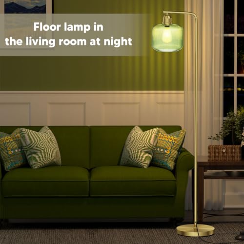 Green Ribbed Glass Floor Lamp - 66-Inch Tall Standing Lamp for Living Room - Gold Finish - Anti-Tip Base & Smart Foot Switch