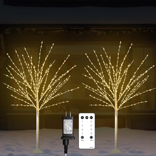 FastDeng 4ft Lighted Birch Tree 2-Pack with 880 LEDs, 8 Modes, Timer Remote – Indoor/Outdoor Prelit Xmas Trees