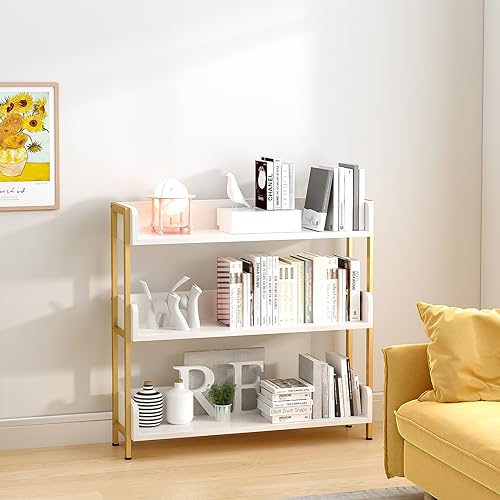 OSCHF 3-Tier Open Shelf Bookcase - White with Gold Frame, Modern Storage
