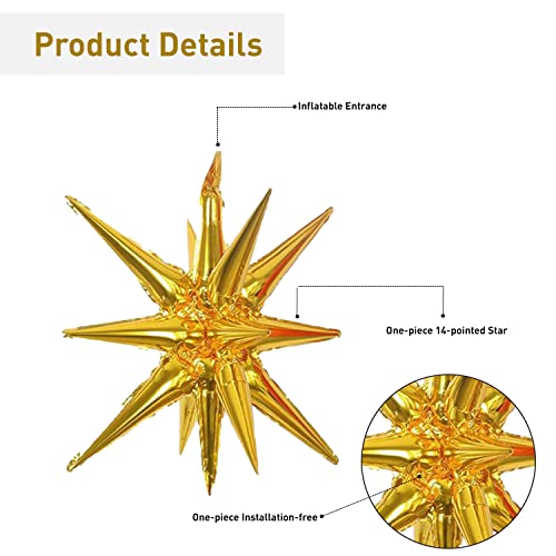 6 Pcs Gold Star Foil Balloons One-Piece 14-Pointed Star Balloon 4D Starburst Cone Mylar Balloon 22inch Christmas Birthday Wedding Wedding Anniversary Party Supplies(Gold)