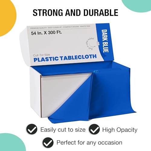 Dark Blue Plastic Rectangular Tablecloth Roll - 54x300 Inches, 300 Feet, All-Season, With Cutter - Variation of THIS listing