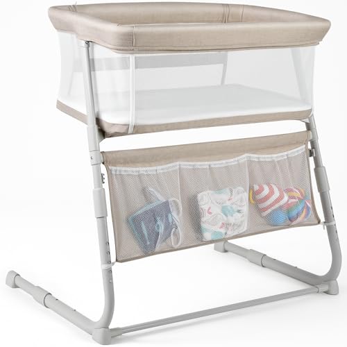 Baby Bassinet Bedside Sleeper with 5-Position Height Adjustment - All-Mesh Wall, Space-Saving Crib - Beige (Variation of THIS listing)