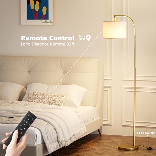 Ambimall Arc Floor Lamp with Remote - Deep Beige & Gold, Dimmable & Adjustable Lighting
