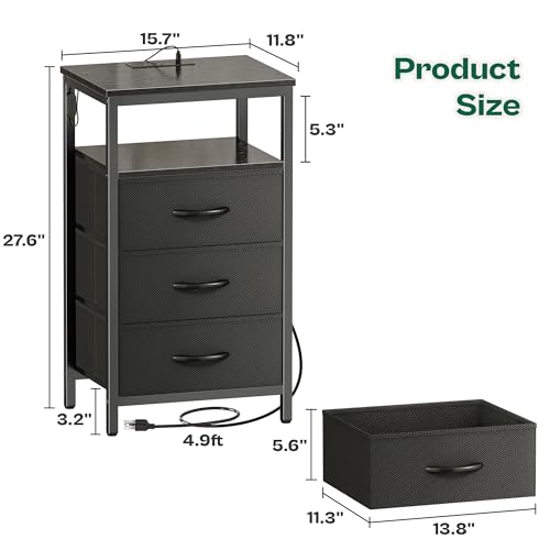 Huuger Nightstand with Charging Station & LED Lights - Black, 3 Drawers, 15.7 x 11.8 x 27.6 inches
