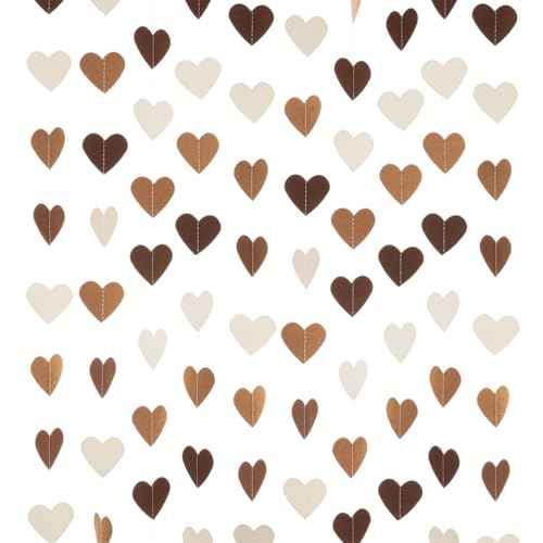 Brown Kraft Tan and Ivory Heart Paper Garland Circle Love Hearts Hanging Decoration for Baby Shower Birthday Vintage Wedding Party, 2'' in Diameter, 4 Strands