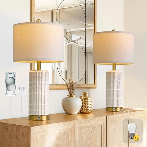 PoKat Touch Bedside Table Lamps with 2 USB Ports - Beige & White, 25 Inch