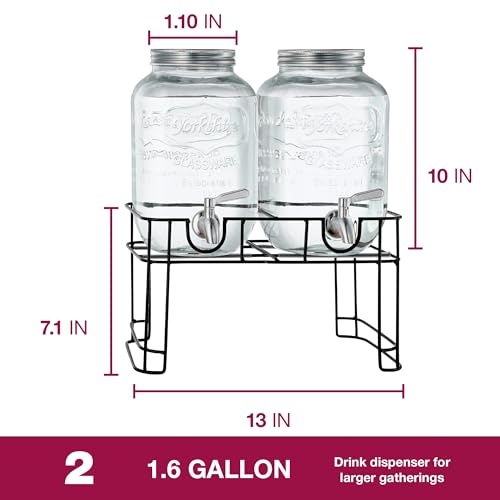 Clear Glass Drink Dispenser with Stand - 1 Gallon, Steel Spigot, 2-Pack