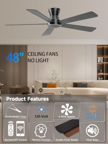 Carrefour Matte Black 48-Inch Ceiling Fan No Light - Low Profile, Reversible, 6-Speed with Remote & App Control