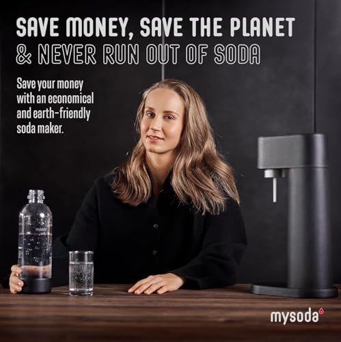 Mysoda Woody Sparkling Water Maker - Black, Eco-Friendly Carbonator with 1L Bottle - Noise-Free Nordic Design