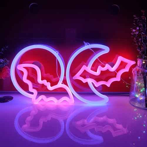 JYWJ Double Sided Neon Signs,USB or 3-AA Battery Powered Neon Light,LED Desktop Wall Decoration,Various Parties,Decoration Of Business Premises(Moon Bat)