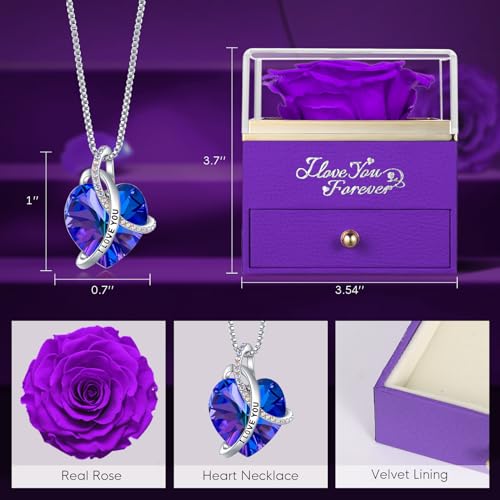 EleShow Preserved Real Rose with Heart Necklace, Eternal Flowers I
