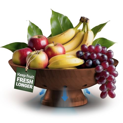 Brown Wooden Fruit Bowl with Pedestal – Large Bamboo Vented Fruit Basket