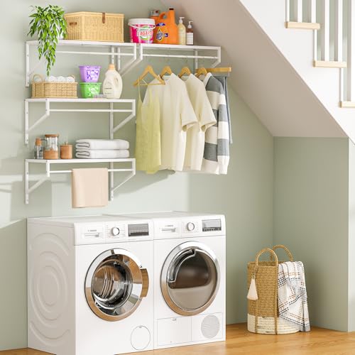 White Expandable Laundry Room Shelves with Hanging Rod - Wall Mounted Utility Storage