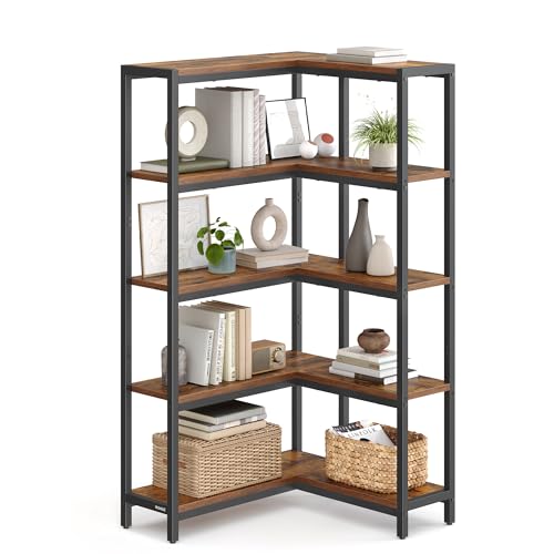 VASAGLE Rustic Brown & Ink Black 5-Tier Corner Bookshelf, 40.2 x 9.4 x 55.9 in, Convertible Storage Solution