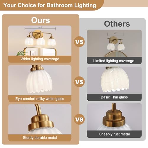 Gold Bathroom Light Fixture 3-Light Vintage Vanity Over Mirror - Brush Gold & Milk, 19.2 Inch
