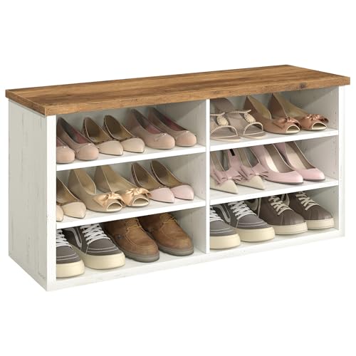 VASAGLE Rustic White & Honey Brown Shoe Bench with Adjustable Shelves, 11.6 x 39.4 x 19.7 Inches