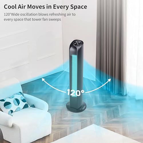 Uthfy Black Oscillating Tower Fan with Remote, 3 Modes & 3 Speeds, 7.5H Timer, Quiet Cooling for Bedroom & Living Room