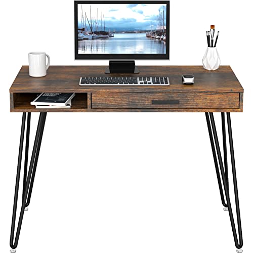 Rustic Brown Hairpin Leg Desk with Drawer - Modern Home Office Table