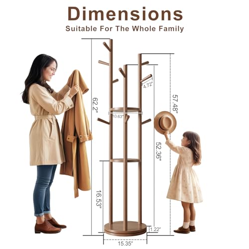Muwuele Walnut Solid Wood Rotary Coat Rack with 3 Shelves & 9 Hooks - Freestanding Coat Tree for Entryway & Bedroom