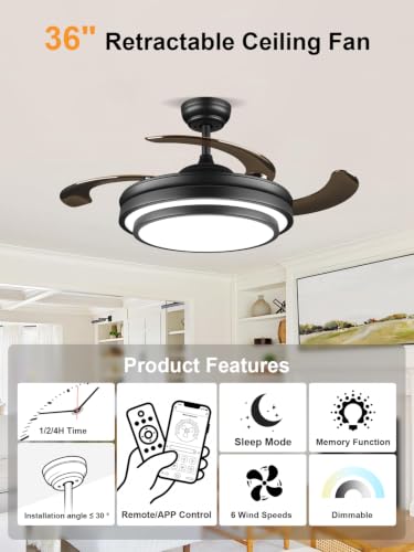 Black 36 Inch Modern Retractable Ceiling Fan with Dimmable LED Light & Remote Control