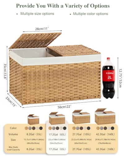 SETVSON Rattan Storage Basket with Lid, 65L Foldable Woven Bins for Bedroom & Laundry