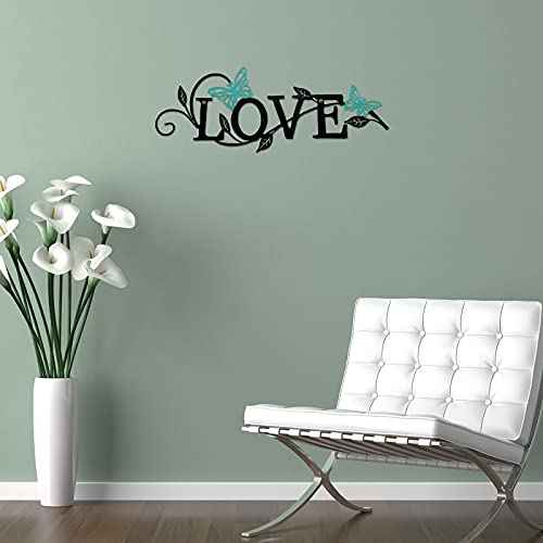 Metal Butterfly Love Sign Wall Decor Metal Black Love Word Sign Rustic Home Letter Ornament Cutout for Home Office Living Room Hanging Wall Decorations, 14 x 5 Inch