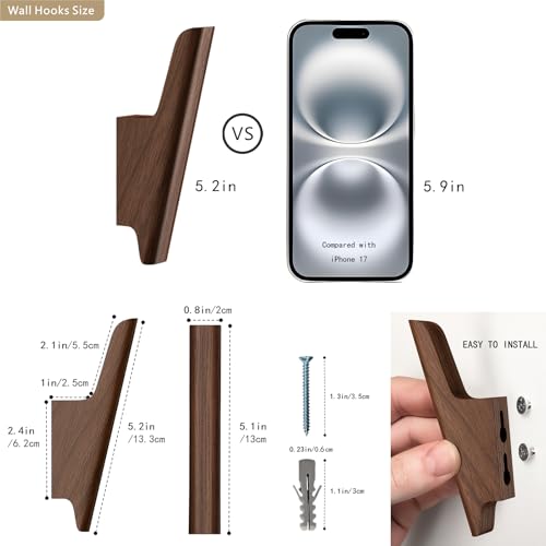 FCOWK Walnut Wooden Wall Hooks 4-Pack - Heavy Duty Coat & Towel Hooks for Bathroom & Home