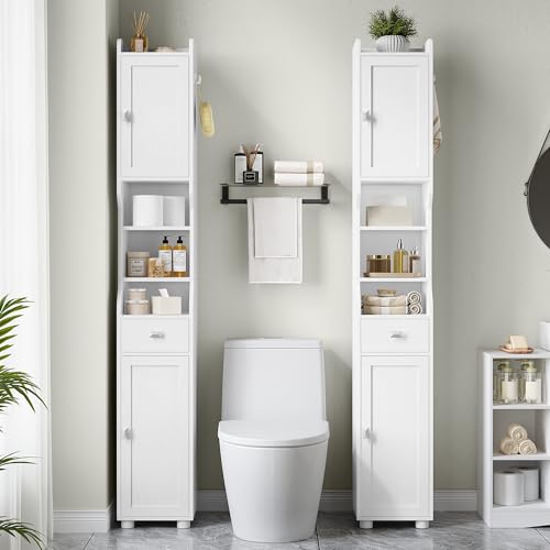 HEXCELEN Tall White Bathroom Storage Cabinet 11"D x 11"W x 70.9"H with Shelves