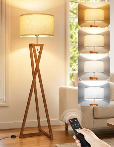 OUTON 62-Inch Wooden Tripod Floor Lamp with Remote, Dimmable Mid-Century Modern Amber Walnut