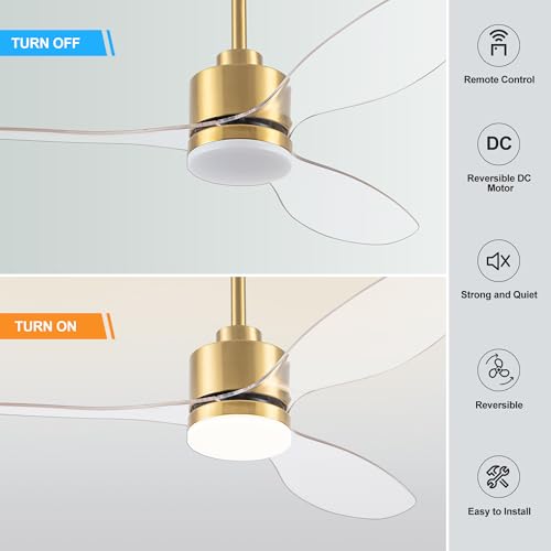 52-inch Gold Ceiling Fan with Lights and Remote, Reversible Blades, Quiet DC Motor for Large Rooms