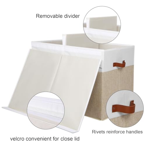 Large Toy Storage Box with Lid and Divider - 26x17x17 Inches Beige White