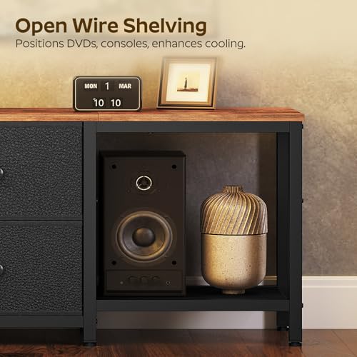 YATINEY TV Stand for 55-Inch TVs with 2 Fabric Drawers Rustic Brown & Black DS02BR