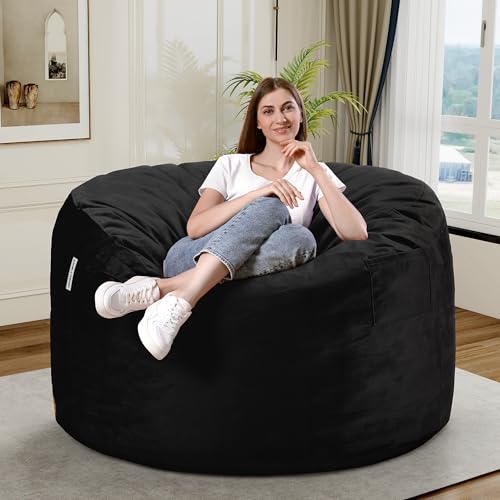 Black 3Ft Velvet Bean Bag Chair for Adults with Memory Foam Filling - Plush Lazy Sofa