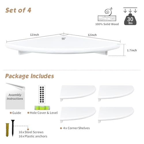 White Corner Floating Book Shelves Set of 4 - 12-Inch Diameter Wall Storage