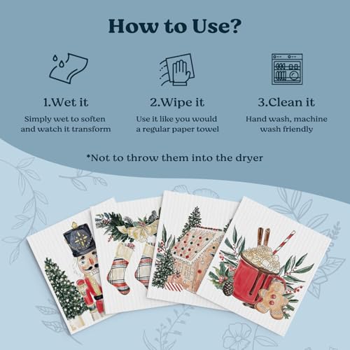 VonTP Christmas Nutcracker Swedish Dishcloths 4-Pack Watercolor Toy Set