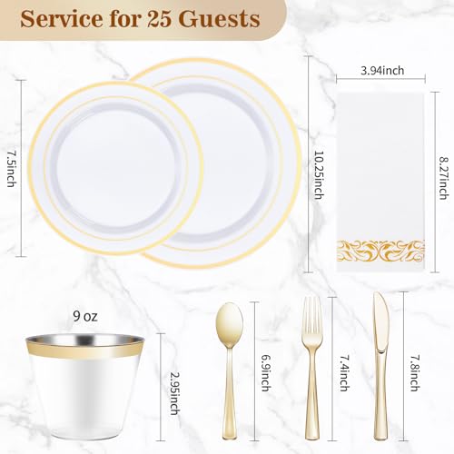 BESTVIP 175 PCS Gold Rim Disposable Plates Dinnerware Set for 25 Guests (Gold / 25 Guests)