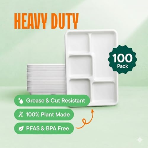 100% Compostable, Large 5 Compartment, Disposable Tray [100-Pack] -
