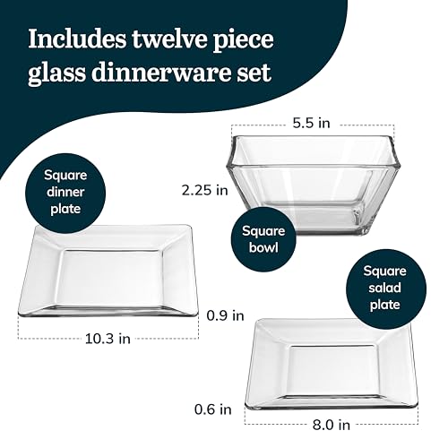 Libbey Tempo Square Glass Dinnerware Set - 12 Pieces, Dishwasher Safe