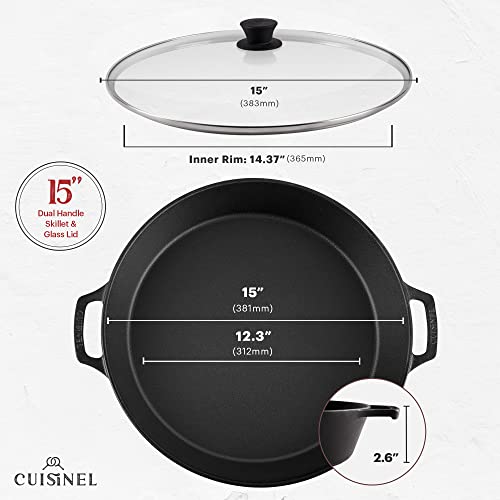 15-Inch Cast Iron Skillet with Glass Lid & Red Chainmail Scrubber - Dual Handle Braiser Pan with Silicone Handles - Pre-Seasoned Cooking Pot