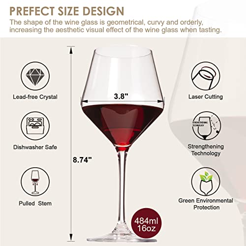 Crystal 6-Pack 16oz Lead-Free Hand Blown Wine Glasses - Italian Style Burgundy Long Stem Set