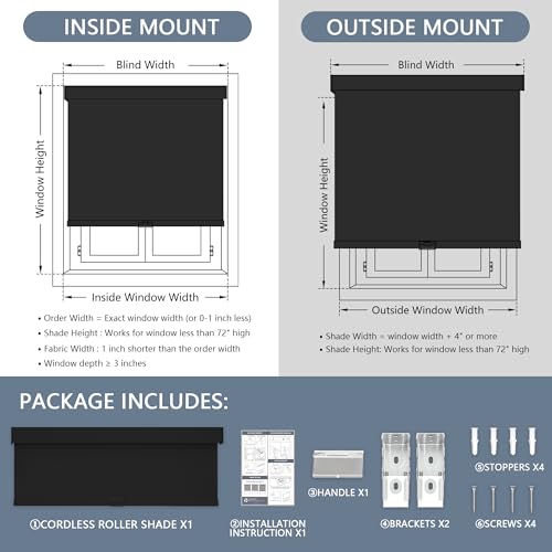 AOSKY Cordless Blackout Roller Shades, 34" W x 72" H, Black
