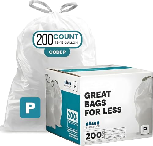 Plasticplace White Drawstring Trash Bags for Code P Can 13-16 Gallon Pack of 200