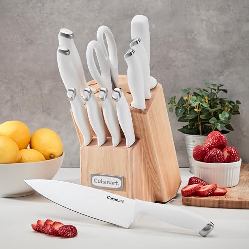 White Stainless Steel Knife Block Set - 12-Piece Kitchen Cutlery with Storage