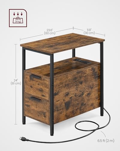 VASAGLE Rustic Brown & Ink Black Side End Table with Charging Station, Narrow Nightstand with Storage - 23.6"D x 11.8"W